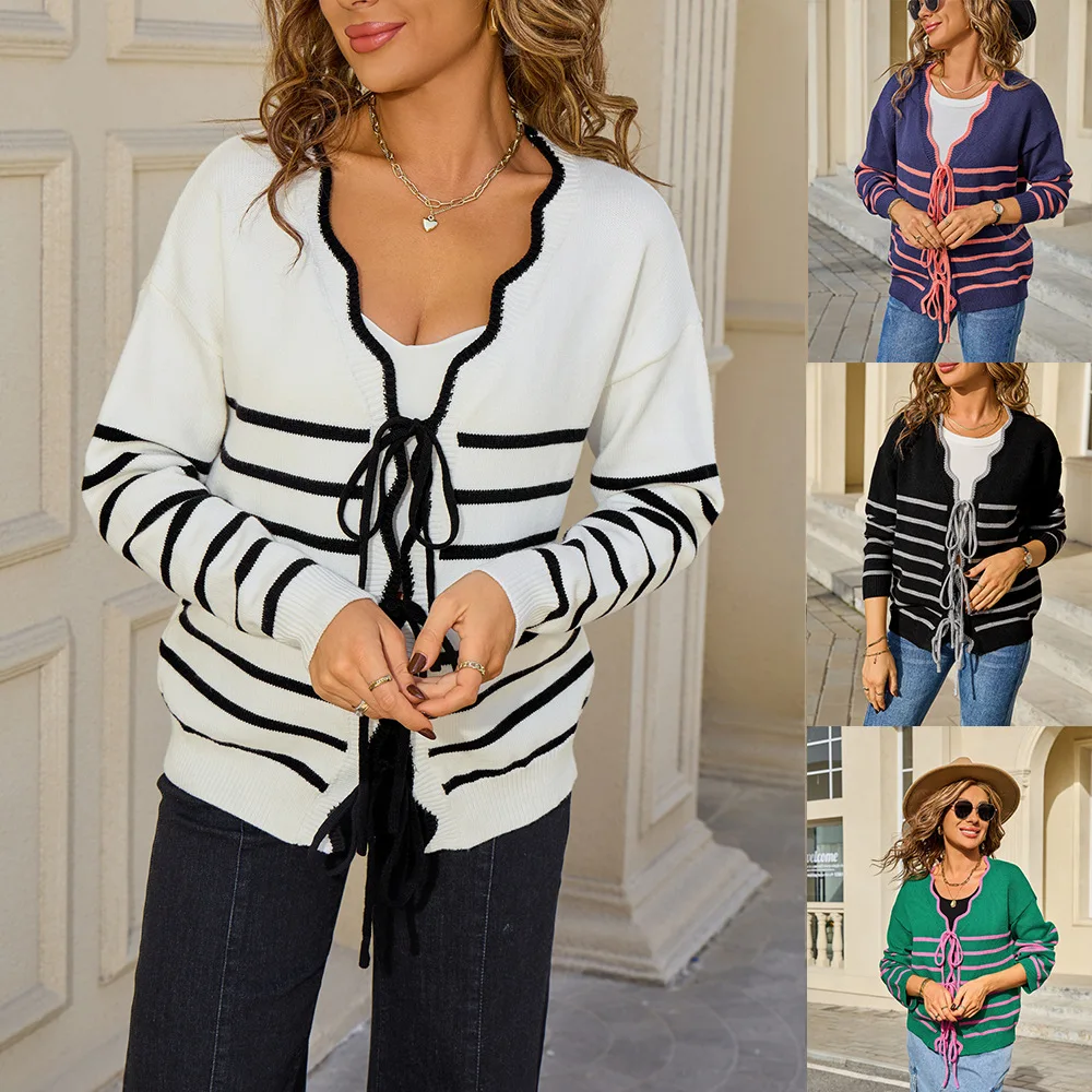 

2026 new drawstring cardigan striped color blocking loose slimming contrasting color, paired with a knitted sweater for women