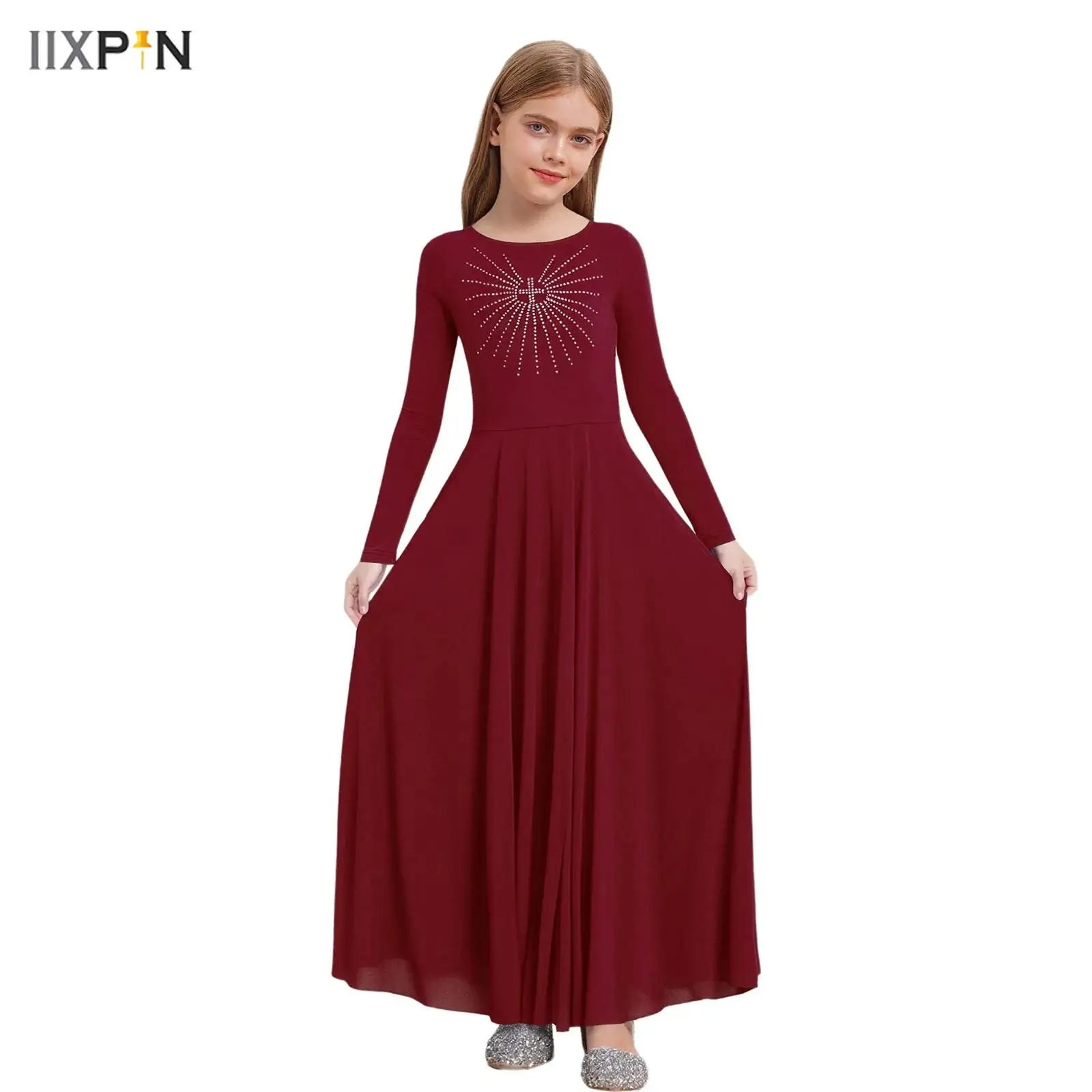 

Kids Girls Liturgical Worship Dance Dress Glittery Rhinestone A-line Maxi Dress for Lyrical Praise Church Choir Robe Performance