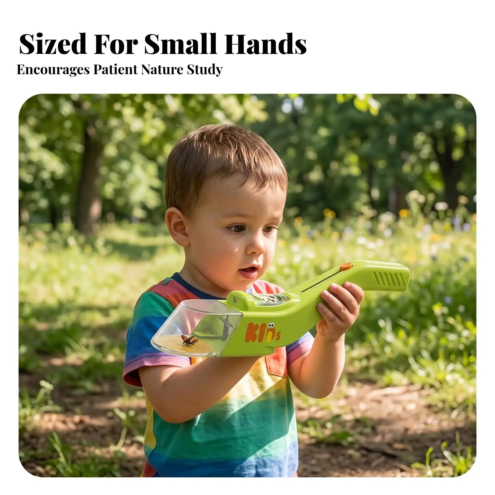 Child Friendly Catcher Tool with Bright Green Body and Yellow Button for Garden Learning Activities