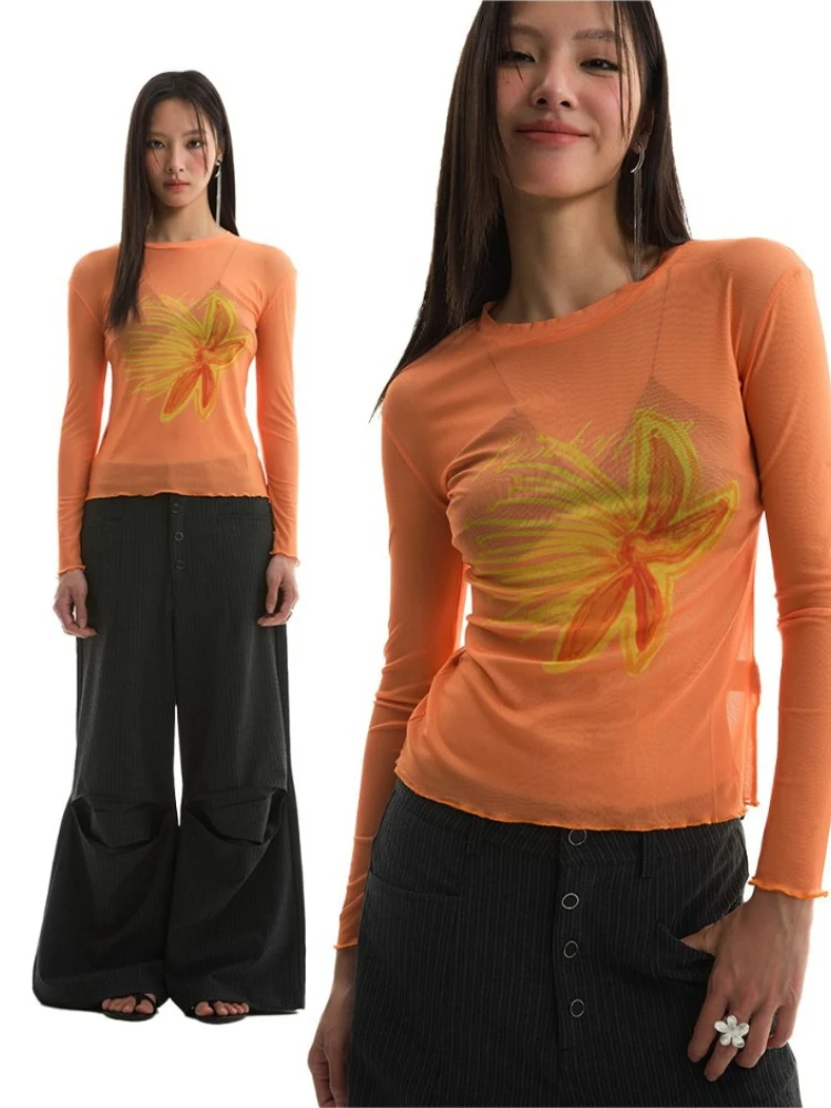 

HOUZHOU Y2k Harajuku Mesh T-shirt Women Vintage Orange Flower Print Gothic T-shirt See-through Slim Long Sleeve Tees Streetwear