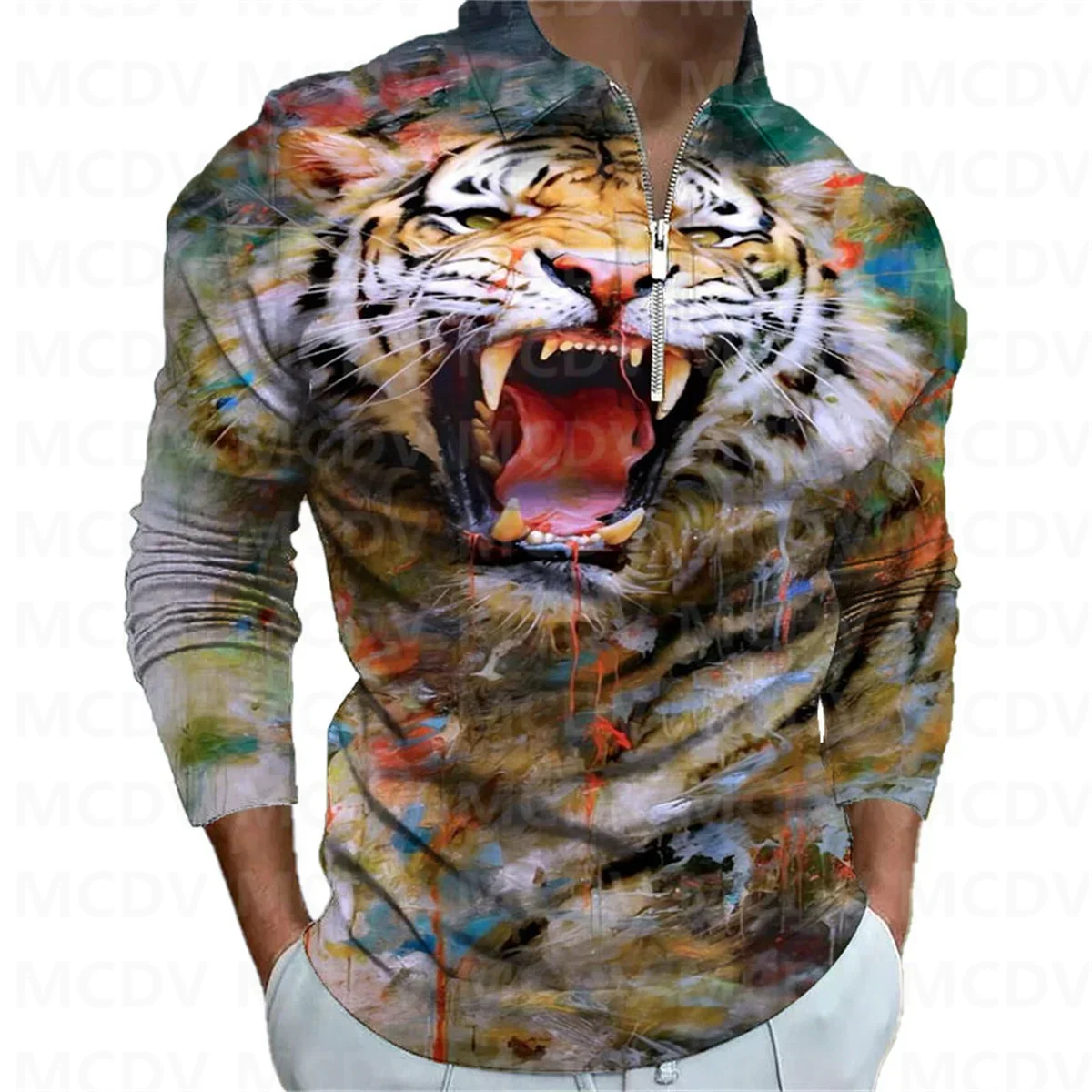 Men's Long Sleeve Zipper Polo Shirt Tiger 3D Printed Polo Long Sleeve T Shirt Casual Tops