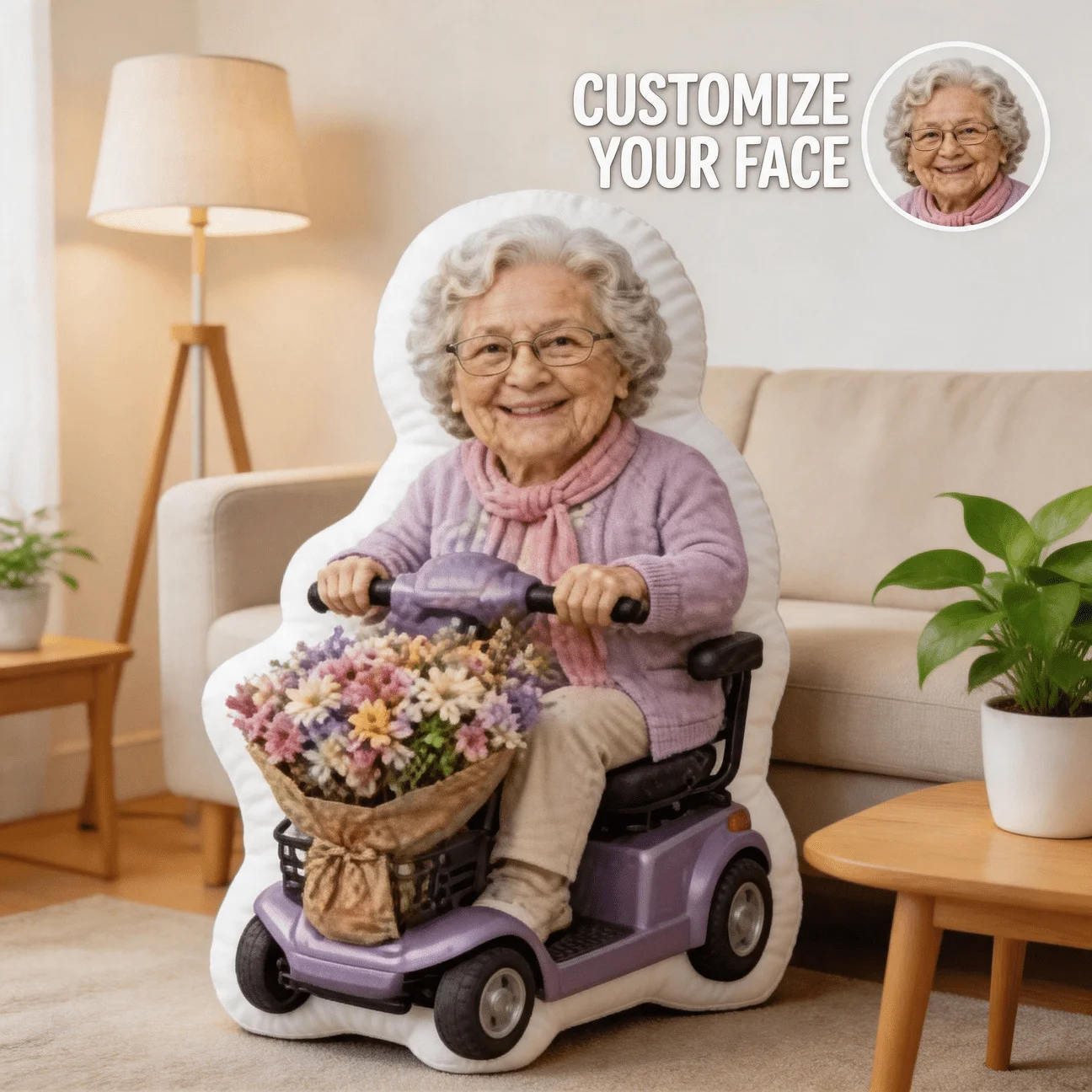 Custom Personalized Photo Face Pillow, Elderly Woman on Mobility Scooter Custom Shaped Decorative Cushion 70CM Home Decor Accent
