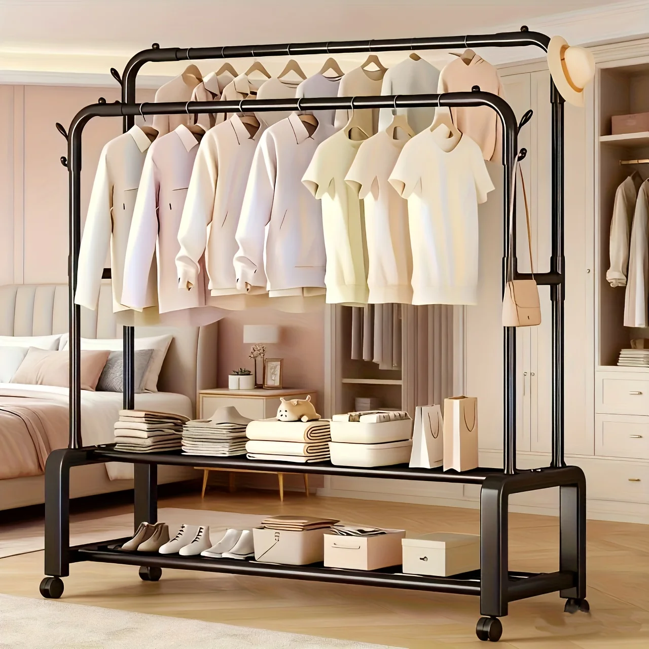 Rolling Double-Layer Double-Rod Vertical Retail Clothing Rack, Shoe & Hat Rack, Coat Rack, Garment Rack with Shelves and Wheels