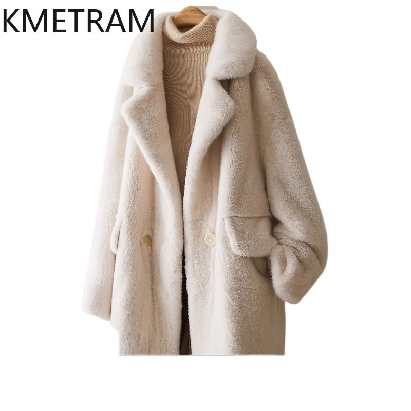 KMETRAM 100% piel de visón Natural chaqueta de invierno para mujer abrigo de piel auténtica Beige longitud media calidez nueva ropa de abrigo 2025 fourrures femmes