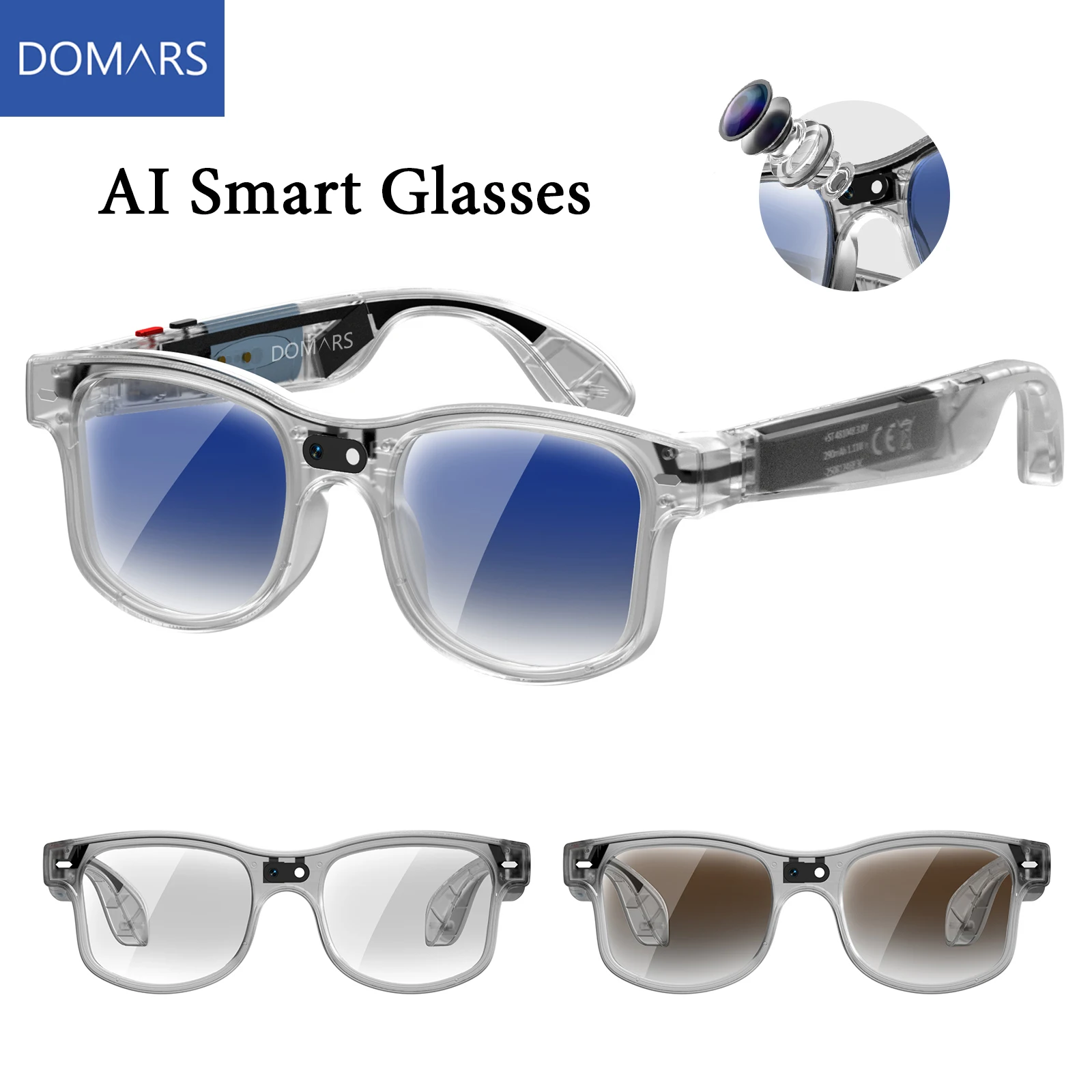 Domars AI Smart Glasses Real-Time Translation Video Recording AI Image Recognition Wi-Fi Transmission Voice Assistant Support