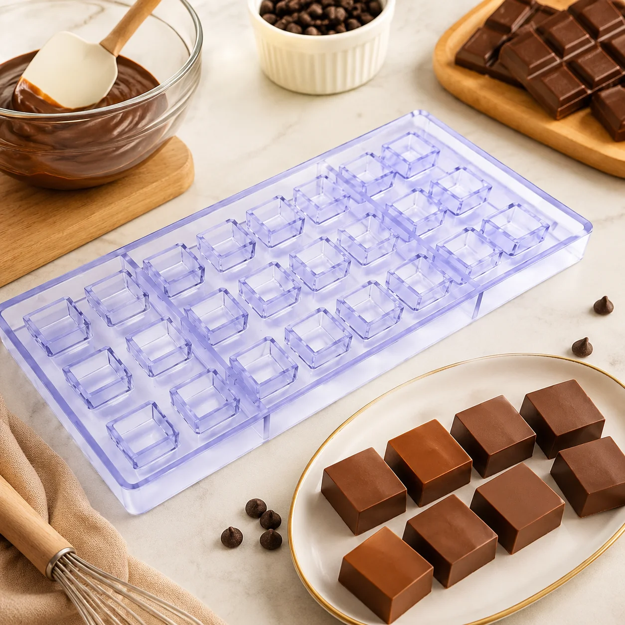 Polycarbonate Chocolate Mold, 24‑Cavity Square Candy Mould, Small Square Chocolate Bar Mold for Homemade Chocolate Bonbons