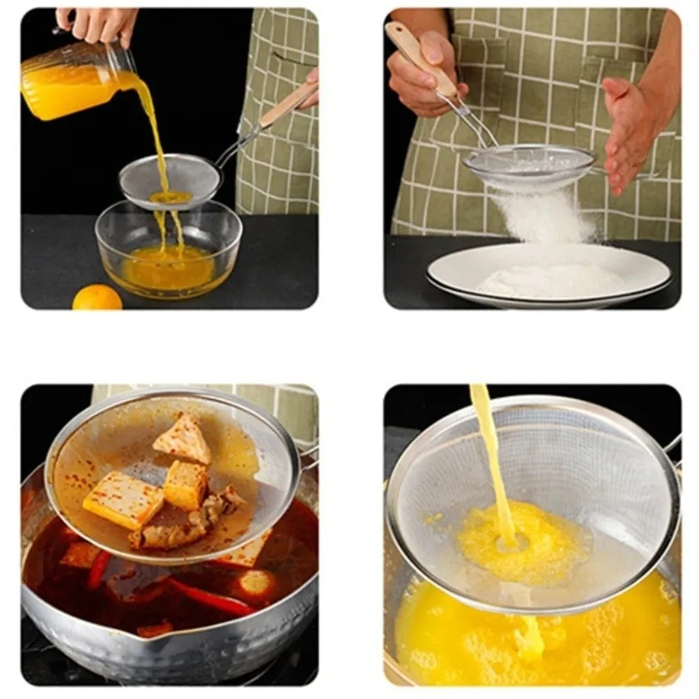 

New Wooden Handle Stainless Steel Strainer Fine Mesh Easy To Clean Fine Mesh Strainer Flour Filter