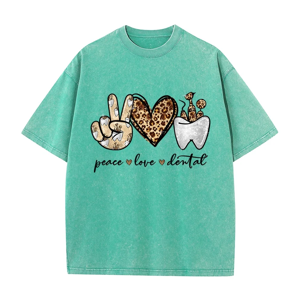 Peace Love Dental Leopard Heart Teeth Cute Dentist Gifts T-Shirt Small Clothing Y2k Men Unisex Big Tall Tee Summer Top Cotton T