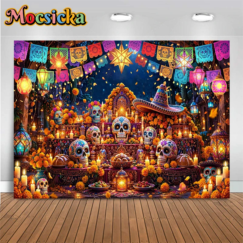 Mocsicka Day Of The Dead Photography Backdrop Mexican Sugar Skull Banner Candle Altar Halloween Fiesta Family Party Photo Studio