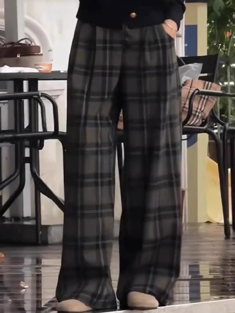 

ROUJE KEFSS Anti-Aging High Waist Slimming Wide Leg Pants Women's Autumn Winter Plaid Straight Cut Trousers for All Body Types