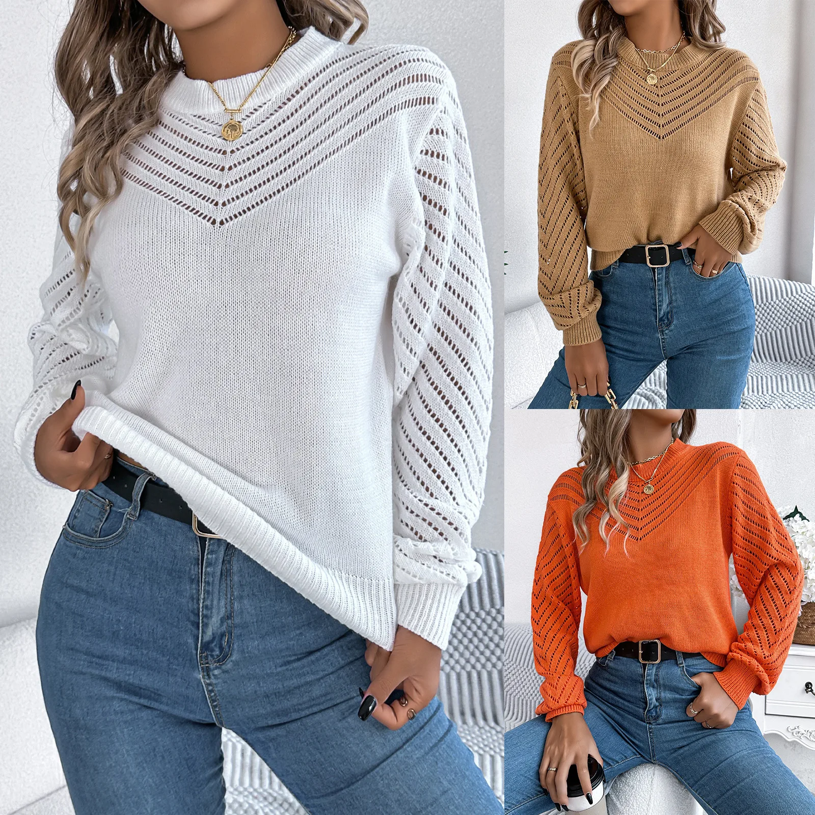 

Autumn and Winter Europe and America Sweater Women Leisure Solid Color Round Neck Hollow-out Lantern Sleeve Fashion Ventilate