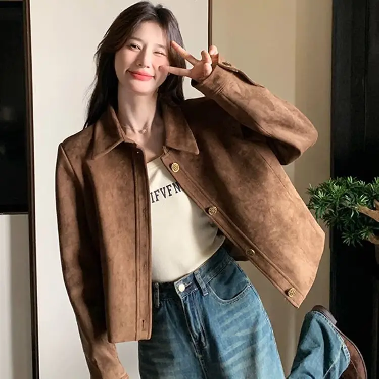 

Коричневая замшевая короткая куртка для женщин, весна-осень, новые корейские повседневные пальто в стиле ретро, женская мода, свободная верхняя одежда, топы