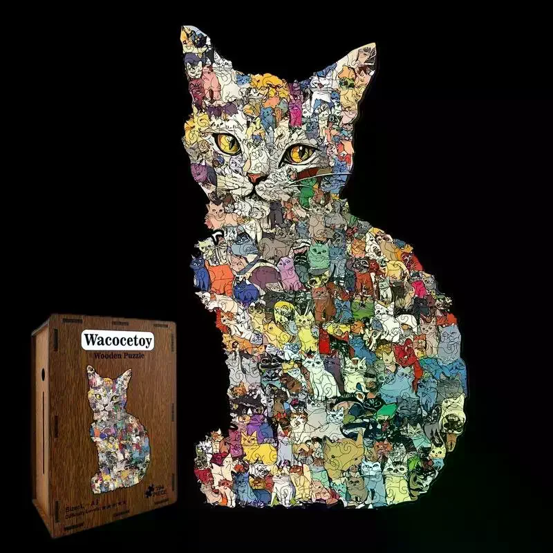 Unikalne drewniane puzzle w kształcie kota, 194 elementy, idealna gra i prezent dekoracyjny dla miłośników kotów, zawiera skarbonkę.