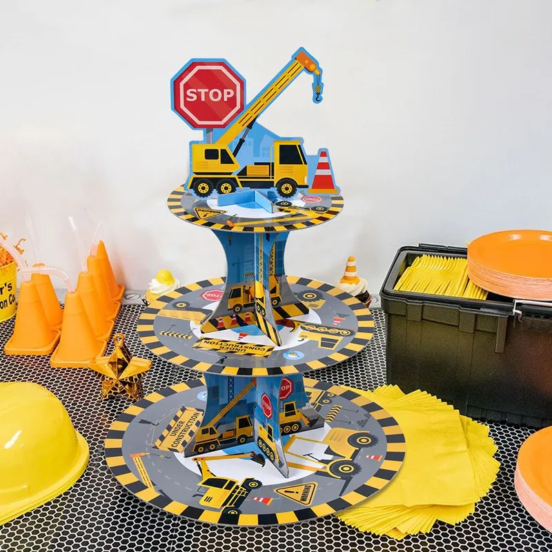 Construction Theme Cake Stand Excavator Vehicle Birthday Party Decor Kids Boy Bulldozer Tractor Truck Party Supplies