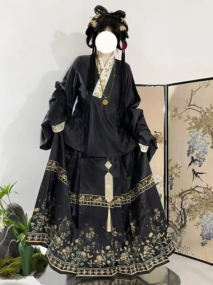 中国馬面裙2点セット-女性用-明代風-ヴィンテージ-ブラックグリーン-プリーツスカート-ピパ袖シャツスーツ-女性用