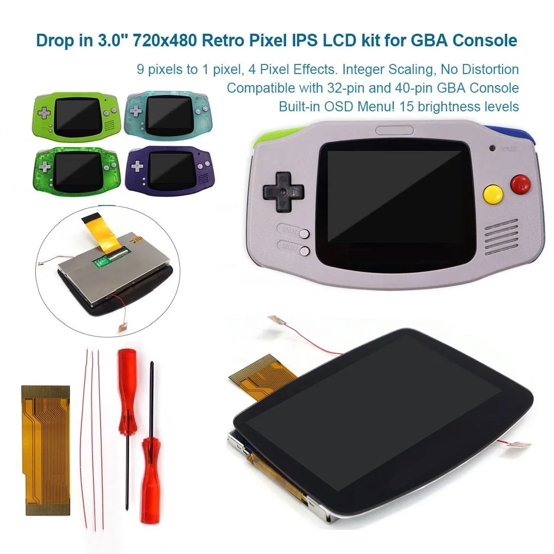 

720x480 HD V5 Laminated Retro Pixel IPS Backlight LCD For GBA Console For Gameboy Advance IPS LCD With Custom Shell