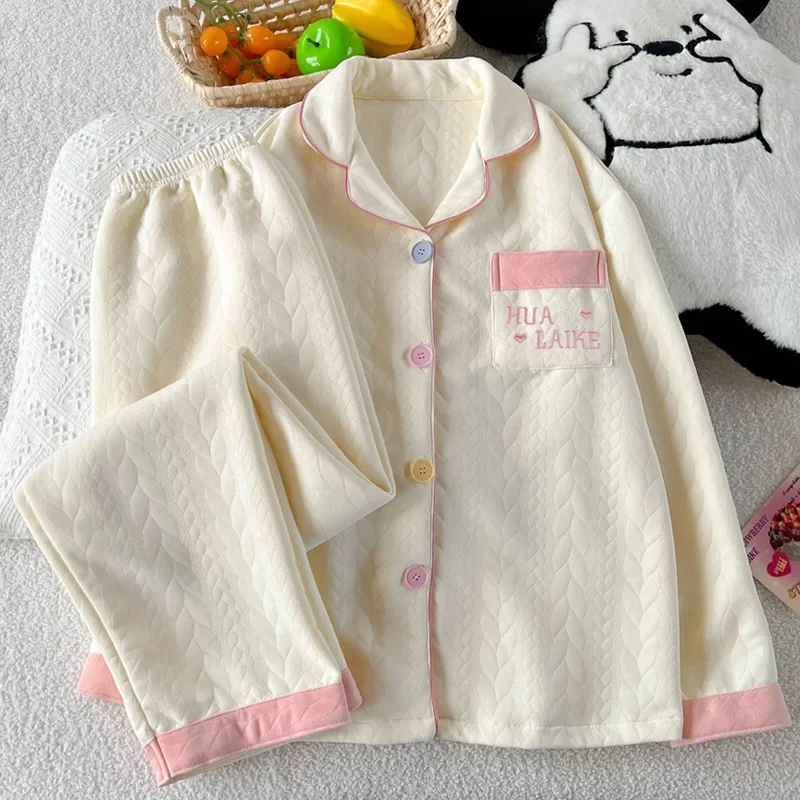 embroidery-letter-fashion-new-women's-pajamas-set-autumn-winter-new-casual-soft-sweet-loungewear-lapel-neck-homewear-suit