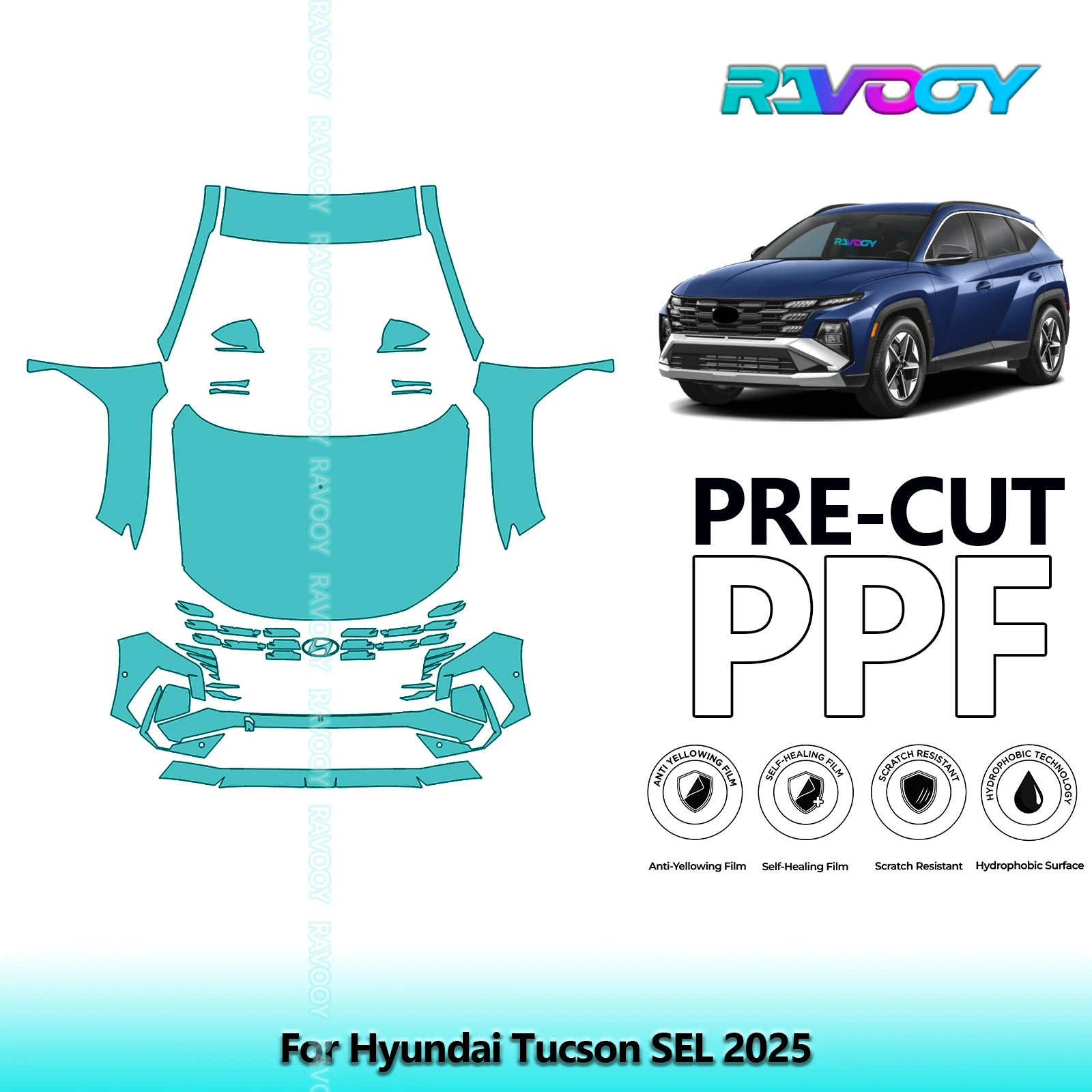 RAVOOY 8.5Mil Custom-Fit Precut TPU PPF Front Kit Clear Bra Stone Guard EU UK For Hyundai Tucson SEL 2025