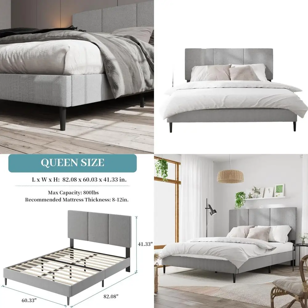 โครงเตียงควีนไซส์แบบมีหัวเตียง ผ้าหุ้มแบบช่องแนวตั้ง สีเทา ทนทาน ไม่ต้องใช้สปริง ประกอบง่าย