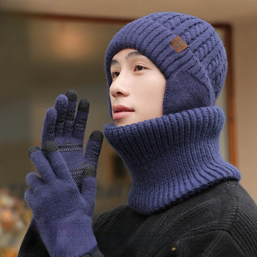 New Hat Scarf Gloves Three-piece Outdoor Thickened Velvet Face Covering Windproof Knitted Hat Men's and Women's Kit