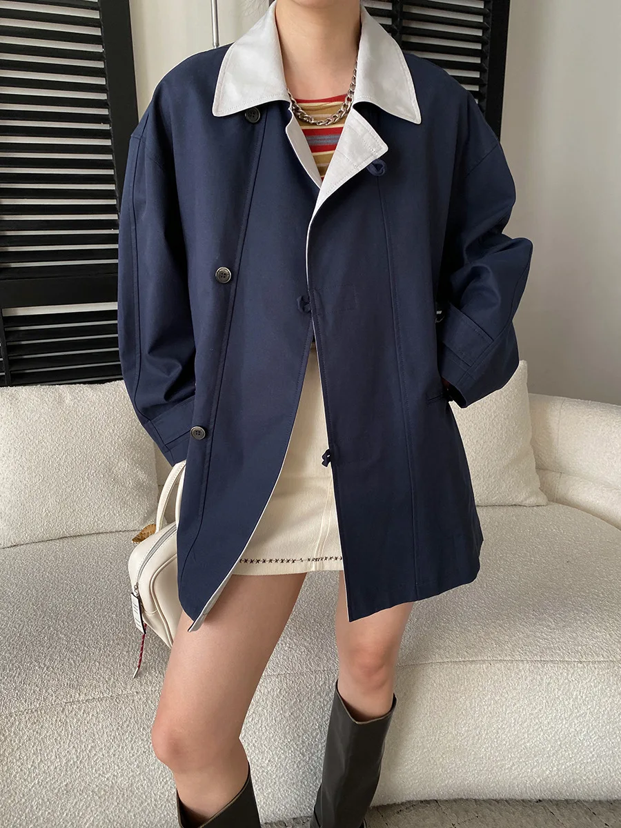 Spring women's casual French retro contrasting color lapel loose casual mid length trench coat jacket