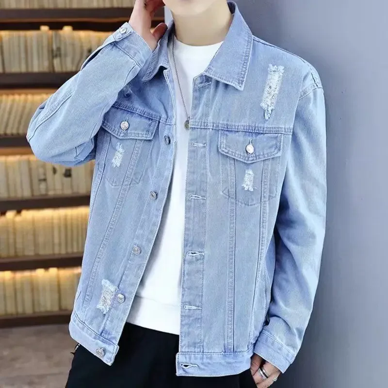 

Denim Jackets Man Light Ripped Jeans Coat for Men Cargo Short Casual Slim with Hole One Piece Aesthetic High Quality G Vintage