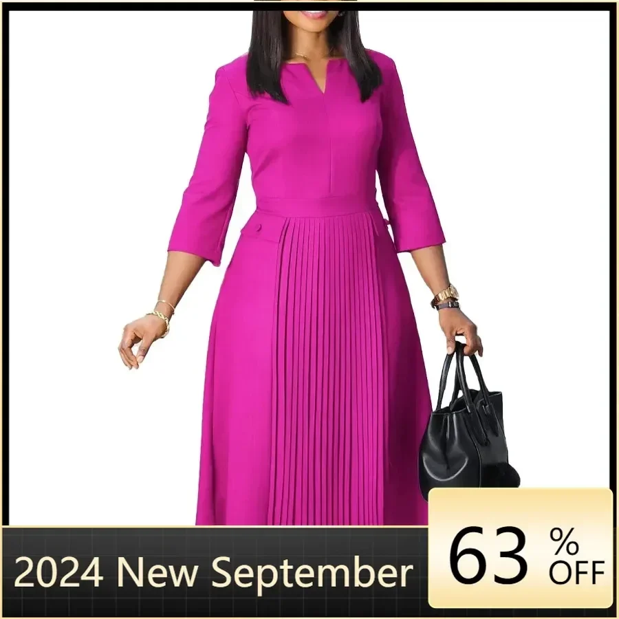 Elegant Church Dresses for Women Plisse A Line Modest Classy Pleated 3/4 Sleeves African Office Ladies Party Gowns Autumn New