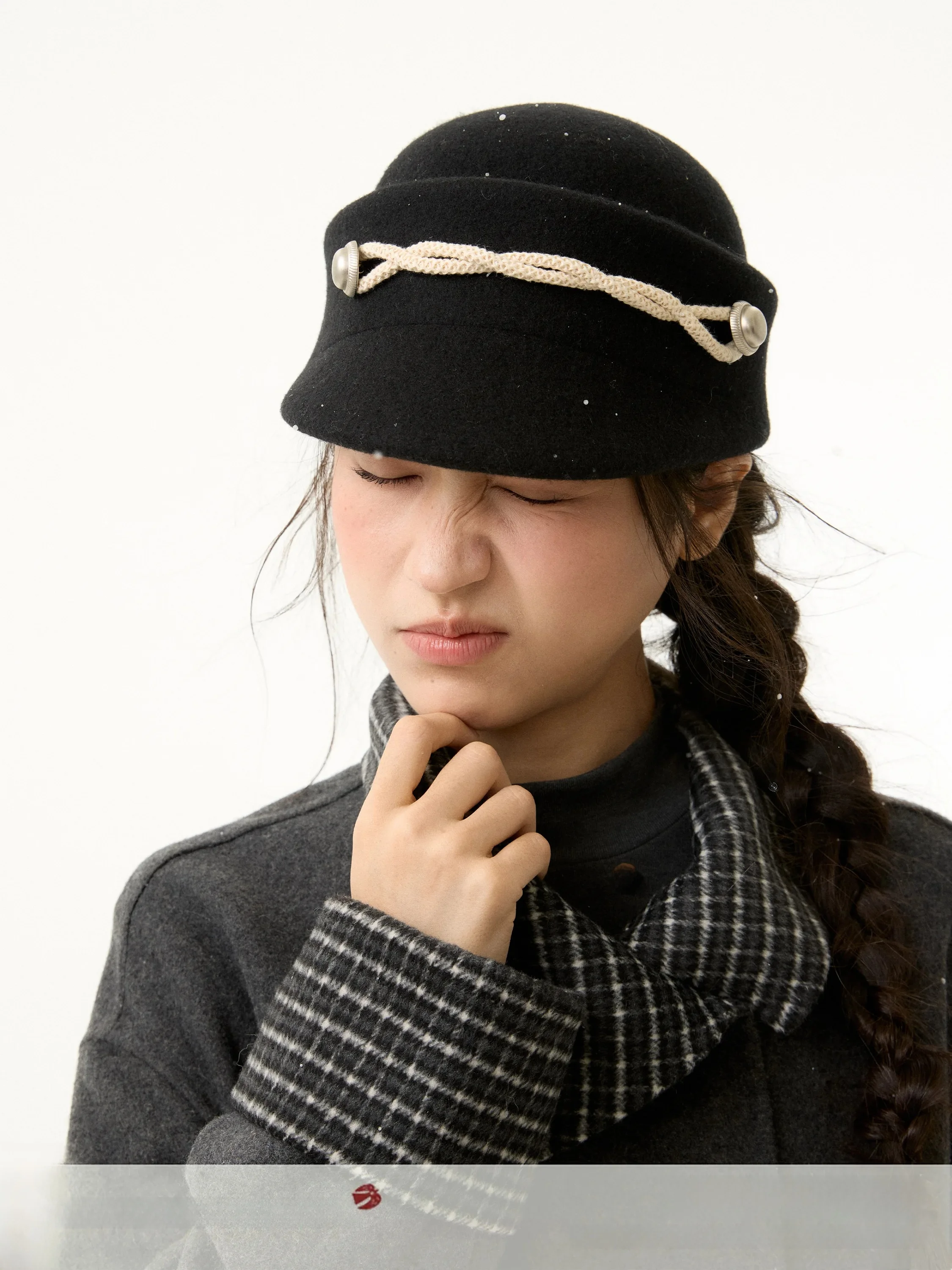 Black Napoleon Woolen Hat Fashionable Versatile Vintage Early Girl Saotome Warm Short Brim round Top Cap for Women Autumn Winter