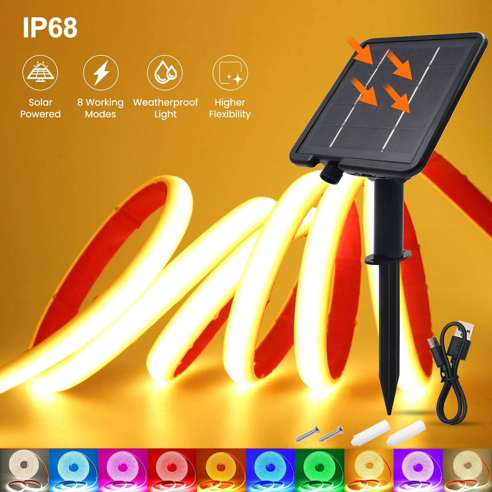 

24V Solar COB Strip IP68 Waterproof 320LEDs/m White Red Green Blue Yellow Pink Purple Flexible Tape Solar LED Outdoor Lighting