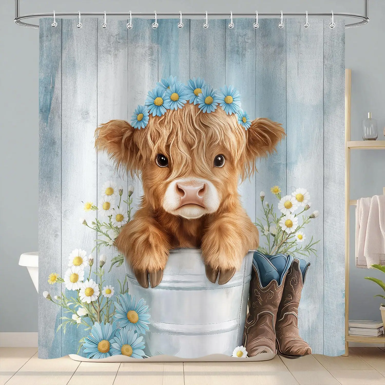 Western Highland Cow Shower Curtain, Funny Cute Art Cow Print Rustic Country Farmhouse Blue Floral Bathroom Decor, Waterproof