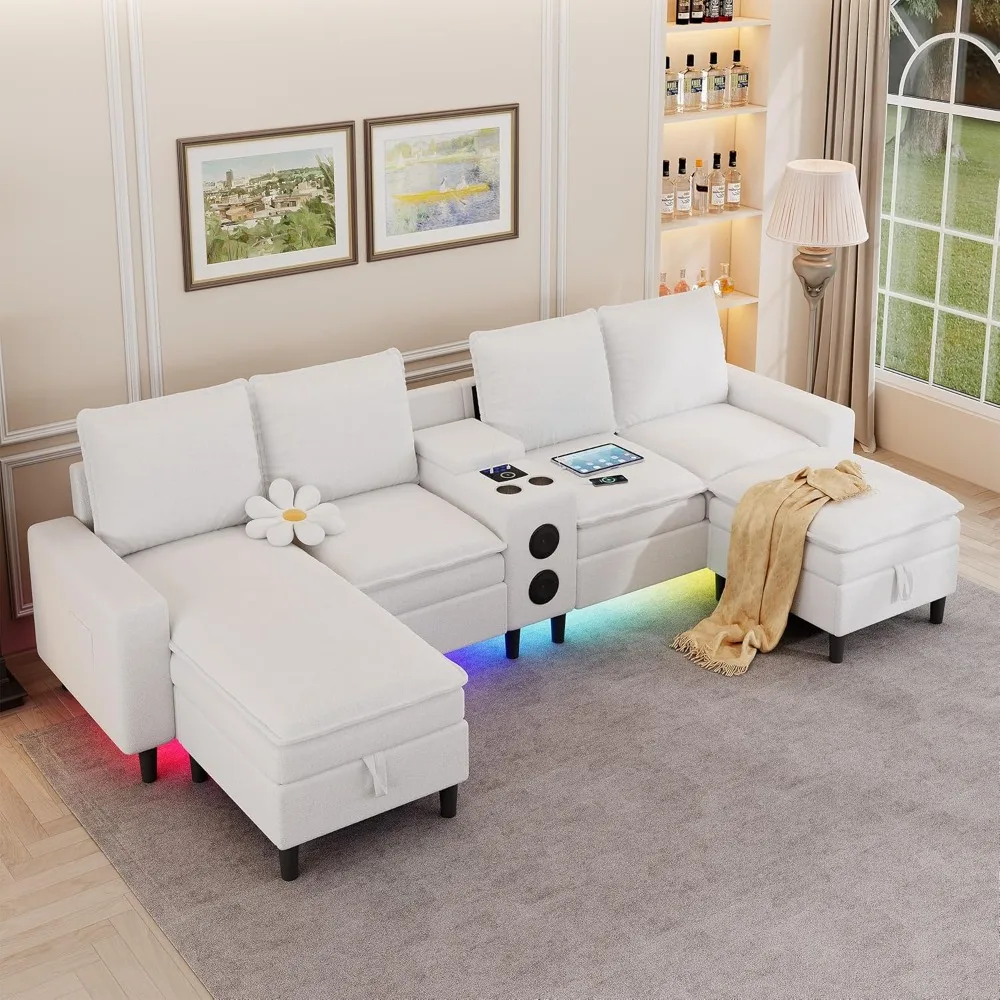 أرائك مقطعية لغرفة المعيشة، أريكة مقطعية مكونة من 4 مقاعد مع وحدة ذكية - مكبر صوت بلوتوث / ضوء RGB / محطة شحن #1
