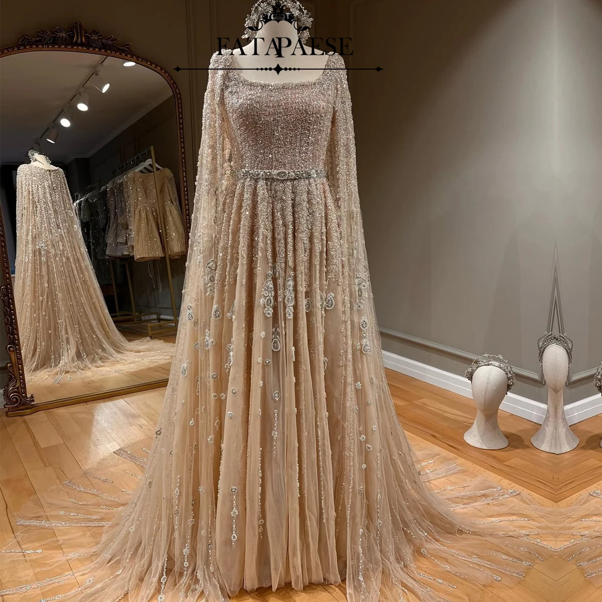 FATAPAESE Customized Arabic Nude Cape Tank Sleeve Fully Crystal Beaded Luxury Saudi Evening Dresses Gowns For Formal Occasion