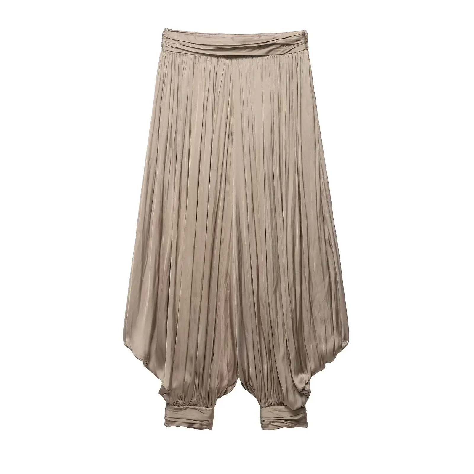 Pantalones Harem de Satén Plisado Estilo Boho para Mujer, Cintura Alta, Holgados, Tipo Linterna, con Cremallera Lateral, para Vacaciones y Uso Diario