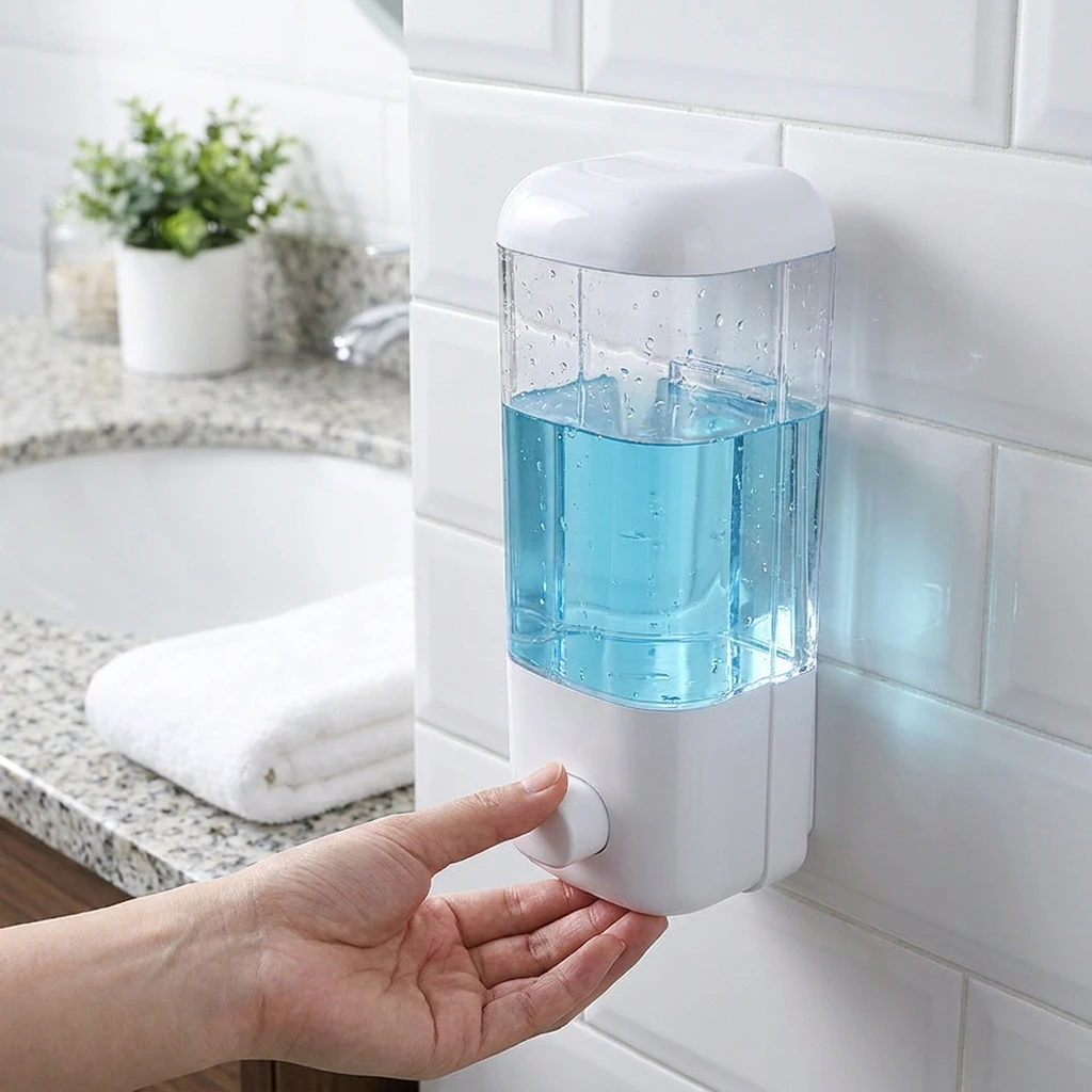 

Wall Mounted Non-drilling Soap Dispenser Transparent Seamless Paste Type Manual Disinfectant Bottle for Hotel Bathroom