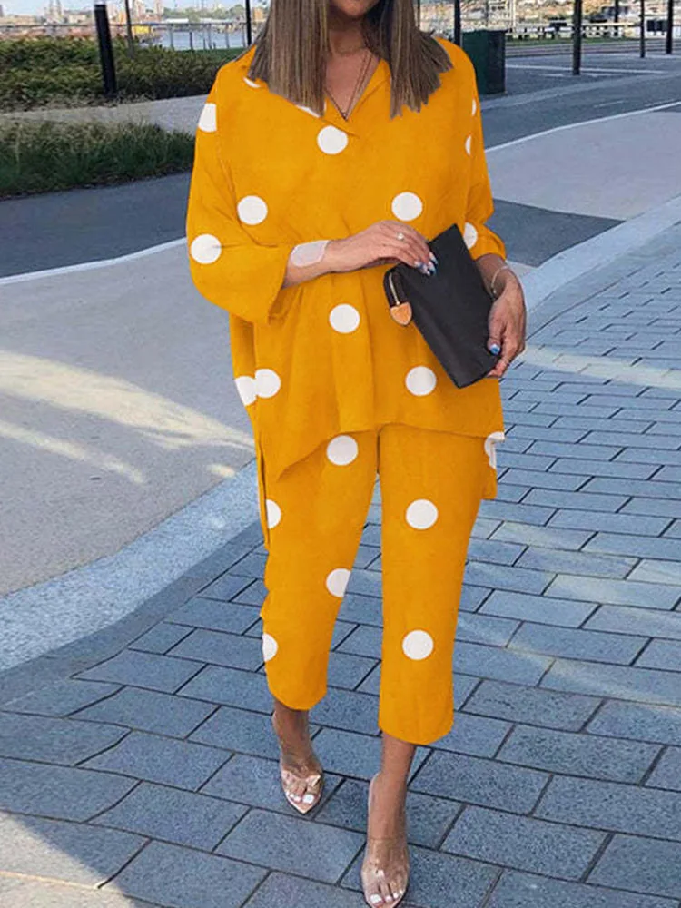 Solid Cotton Linen Trousers Loose Suit Retro Polka Dot Two Piece Sets Fashion V-neck Long Sleeve Blouse Wide Leg Pants Outfits