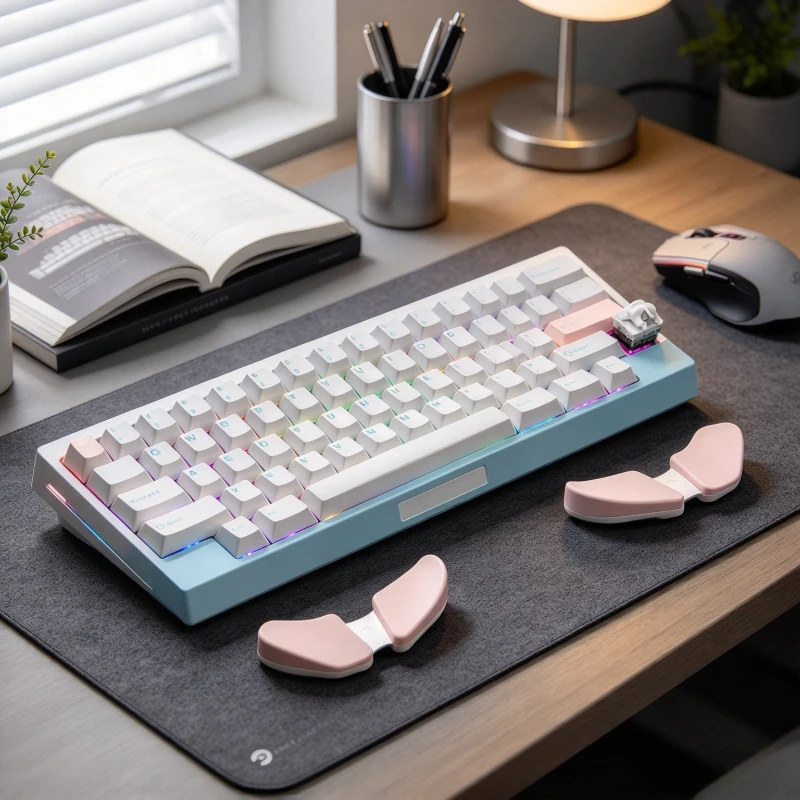 Ergonomic Keyboard Wrist Rest and Large Pink Mouse Support Pad with Split Design for Right Side Comfort During Work or Study