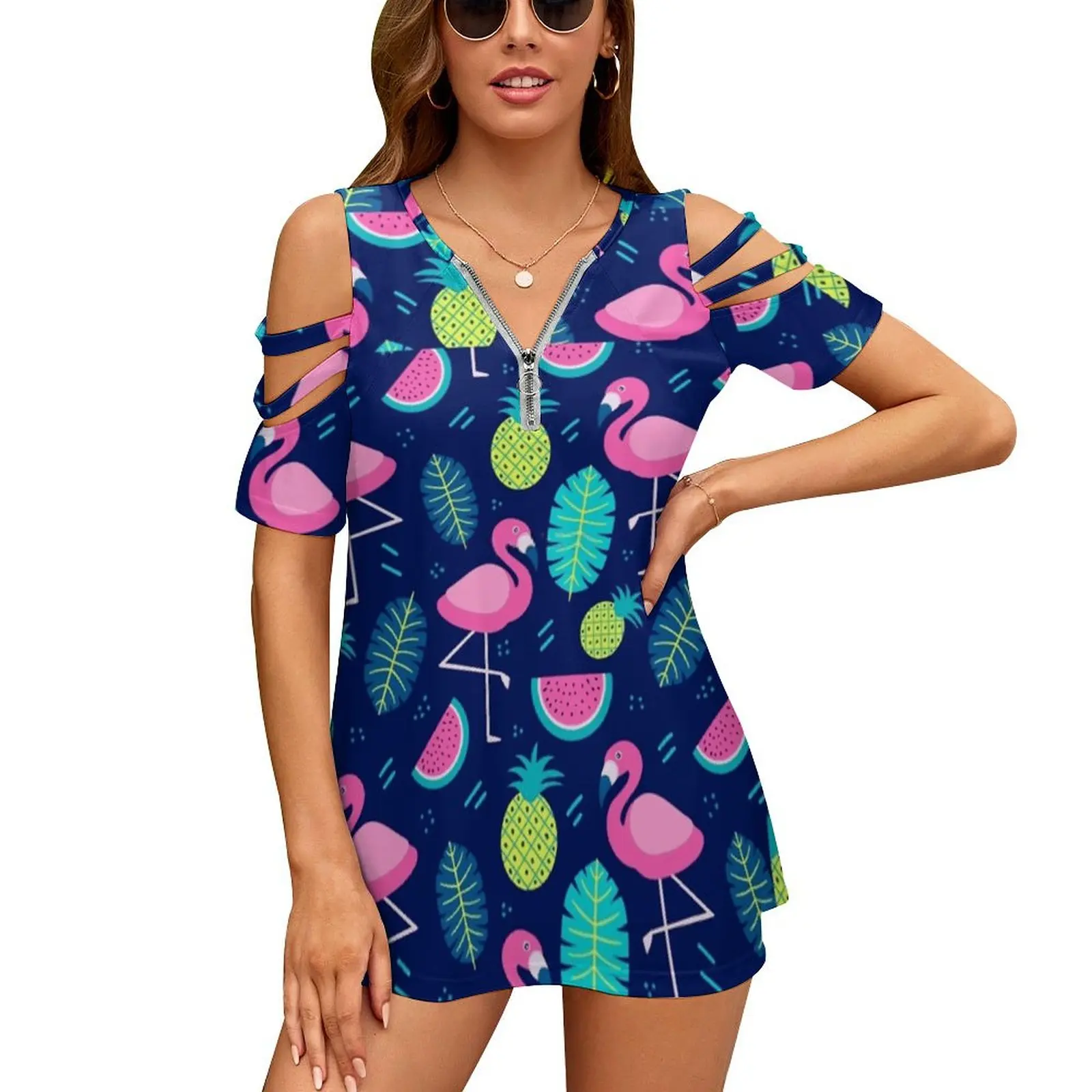 

Summer Flamingo Women's T-Shirt New Fashion Printed Zipper V-Neck Short Sleeve T Shirts Casual Plus Size Flamingo Flowers Pink