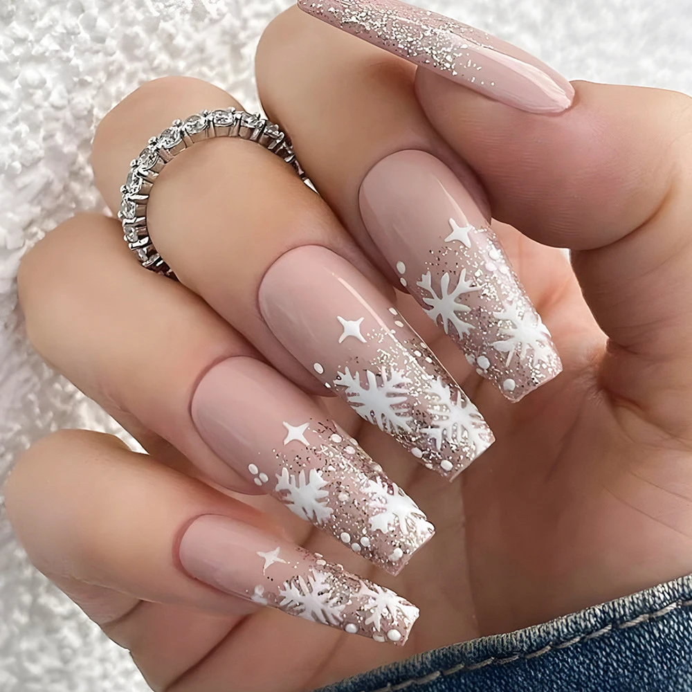 24pcs Gold Glitter Snowflakes Christmas Fake Nails Mid-Long Coffin Press On Nails Winter New Year Women Ballerina Fake Nails Tip