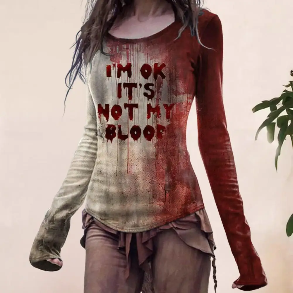 Camiseta de Halloween para mujer, camiseta de manga larga con estampado de sangre 3d, Jersey elástico ajustado para noche de terror