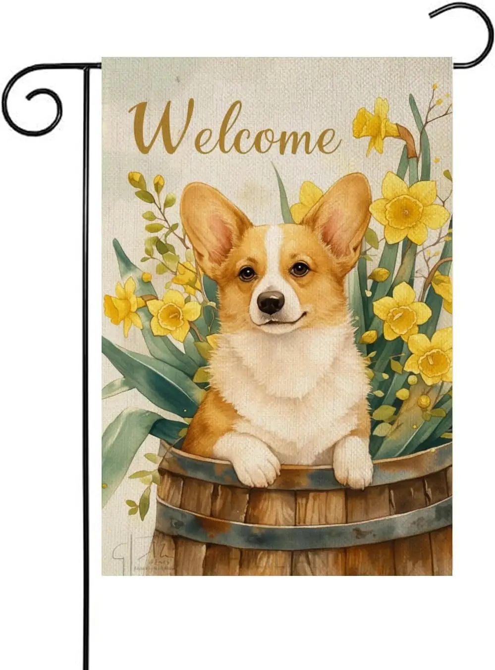 Welcome Spring Summer Corgi Garden Flag, Burlap Small Hello Fall Garden Flag for Outside 12x18 Double Sided Yellow Daffodils SSL