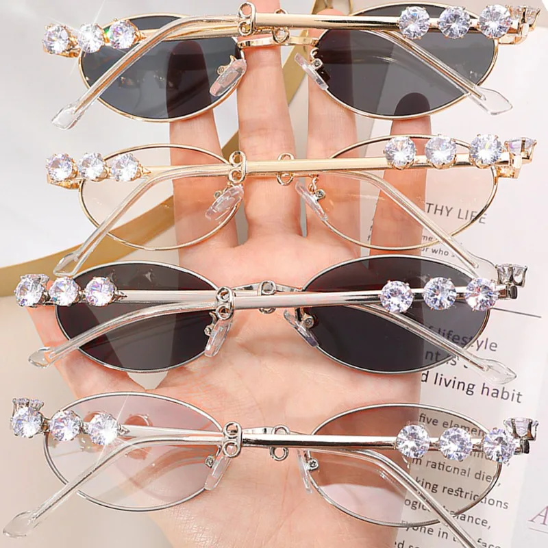 Diamond Inlaid Oval Sunglasses Metal Small Frame Eyeglasses Prevent Sunlight Exposure Glasses Decorative Spectacle Light Eyewear