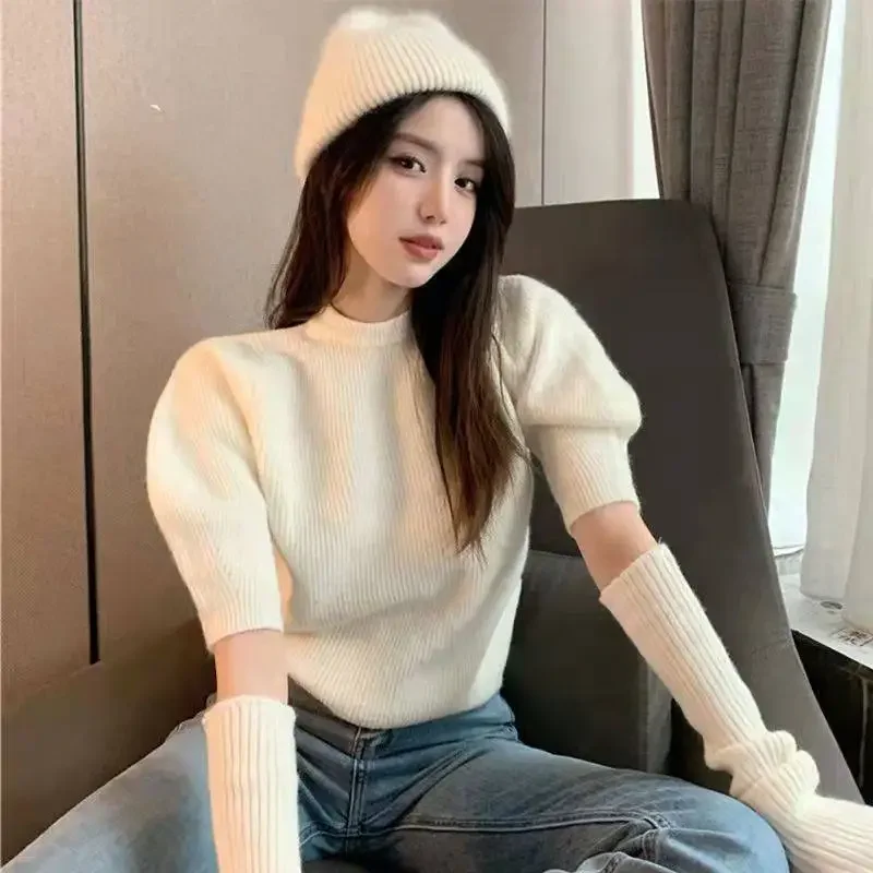 Round Neck Top + Sleeve Sweater Women's Puff Sleeves Retro Spring and Autumn Solid Color Super Elastic Knitted Bottoming Shirt