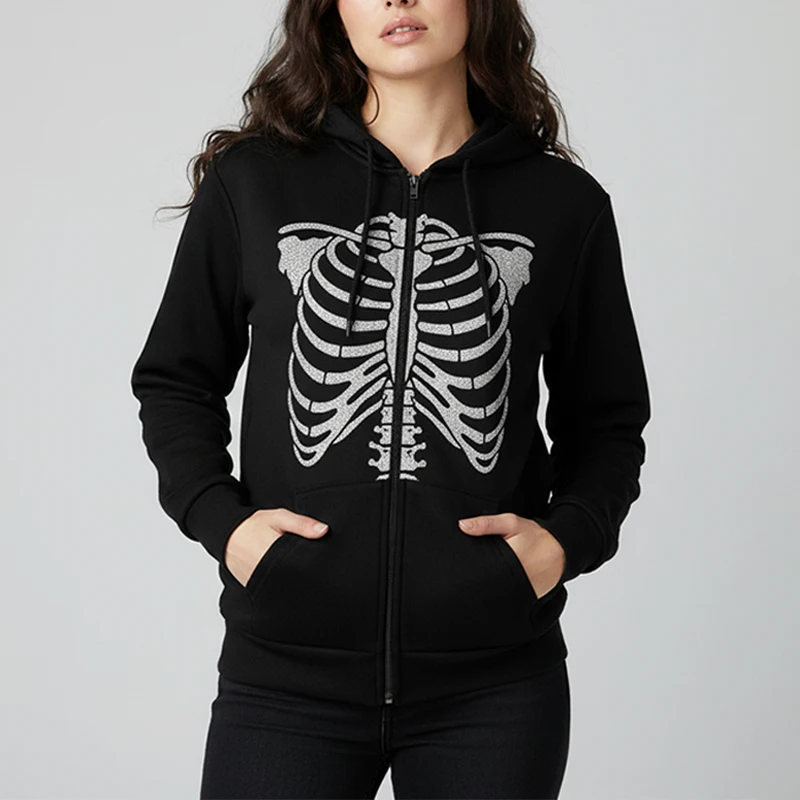 Bluza z kapturem na Halloween w stylu Y2K z motywem czaszki, unisex, oversize, Harajuku, gotycka, codzienna, streetwearowa, miękka i wygodna bluza rozpinana na zamek.