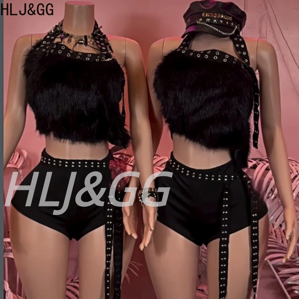 

HLJ&GG Black Sexy Fur Splicing Irregular Two Piece Sets Women One Shoulder Sleeveless Slim Crop Top And Shorts Outfit Streetwear