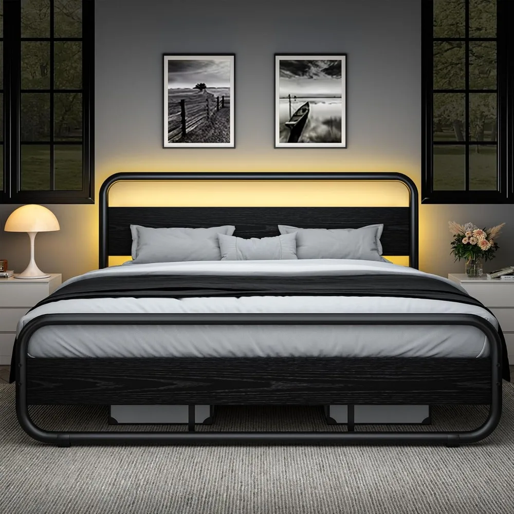 

King Size Bed Frame with LED Headboard and Footboard, Under Bed Storage, Industrial Heavy Duty Wooden Metal Platform Bed Frame