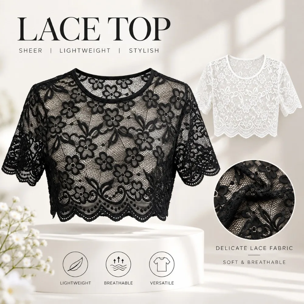 Fashion Nylon Lace Short Sleeve Top Thin Light Fabric Breathable Sheer Mesh Blouse Short Sleeve Sling Dress Cover Up Women