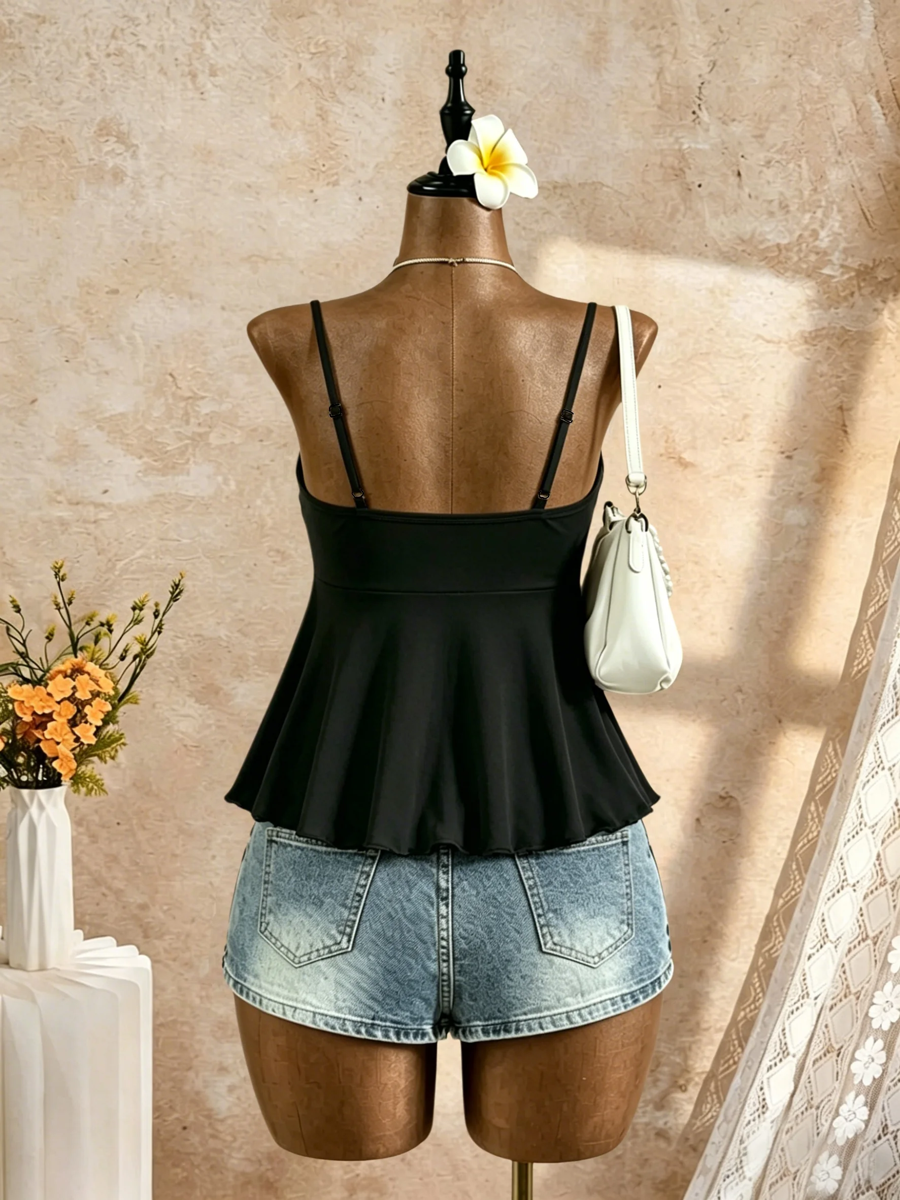 Women Thin Spaghetti Strap Camisole V Neck Front Big Tie Bow Ruffle Hem Peplum Sleeveless Casual Tank Top