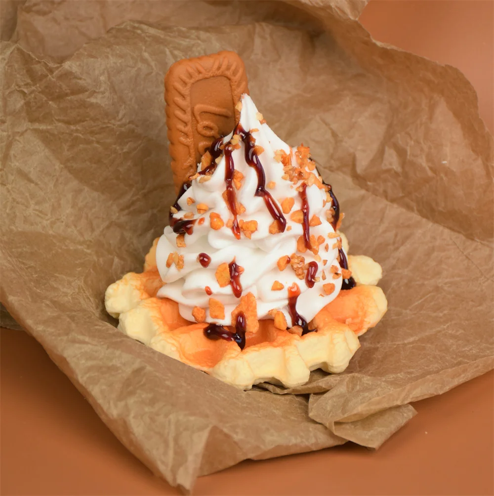 Artificial French Waffle Simulation Faux Belgian Waffles Breakfast Cafe Model Dessert Cream Display, DIY Chocolate Props Window