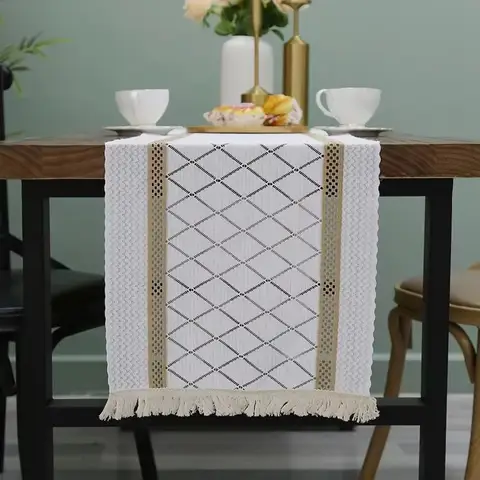 Natural Cotton Thread Rhombus Table Runner Vintage Jute Woven Tassel Dining Table Decoration For Farmhouse Wedding Party Holiday