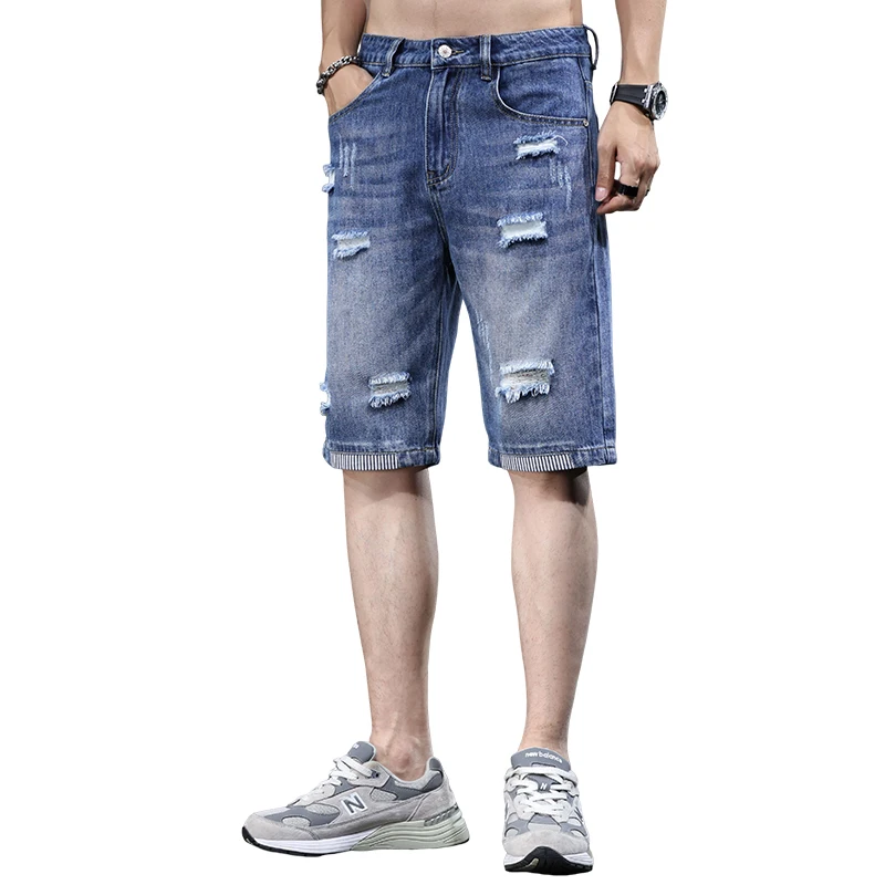 2024 Summer Ultra Thin Cotton Men\'s Denim Shorts Blue Stretch Straight Fashion Casual Ripped Jeans Shorts Male Classic Style